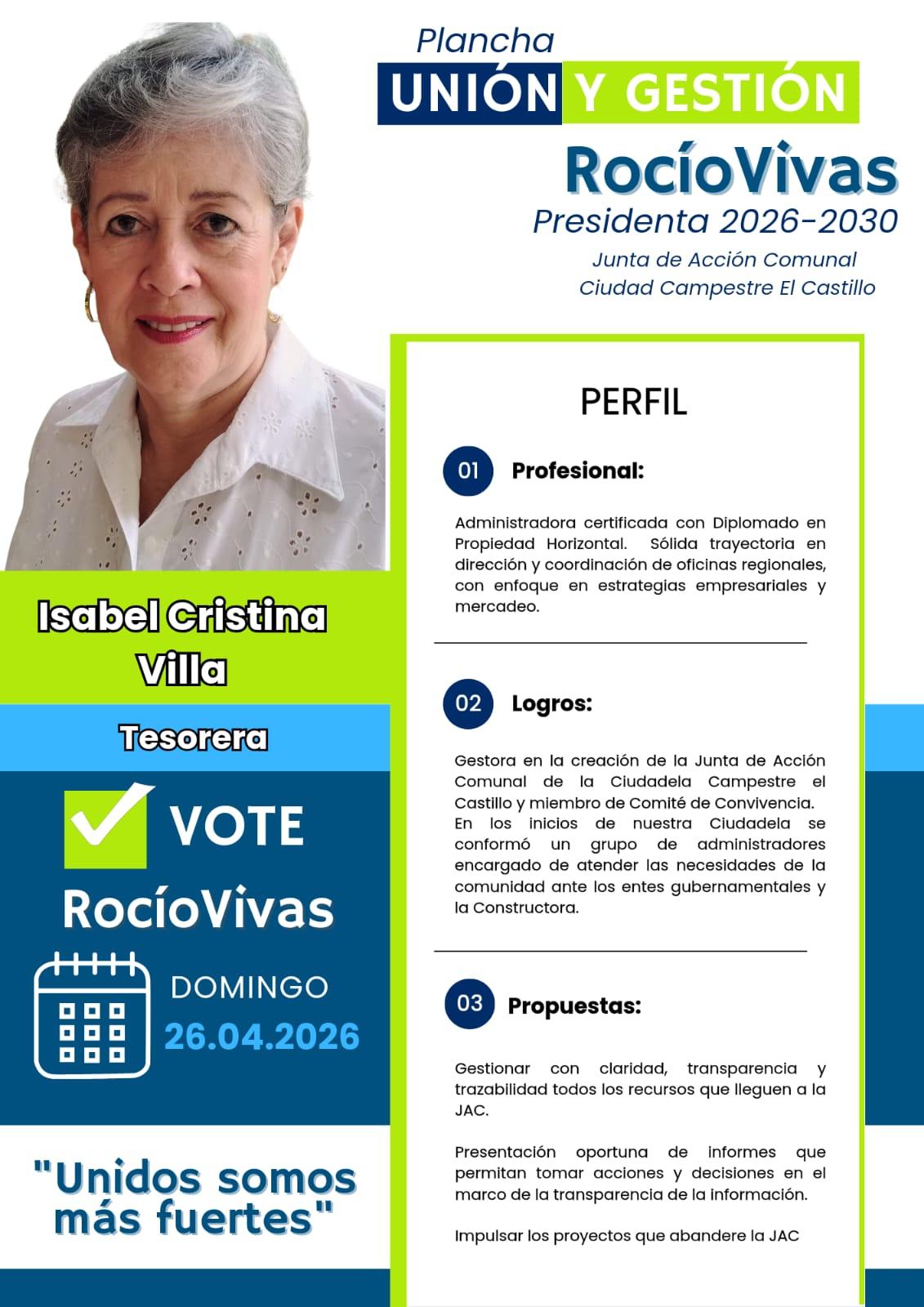 Isabel Cristina Villa, Tesorera Principal — Junta Directiva JAC
